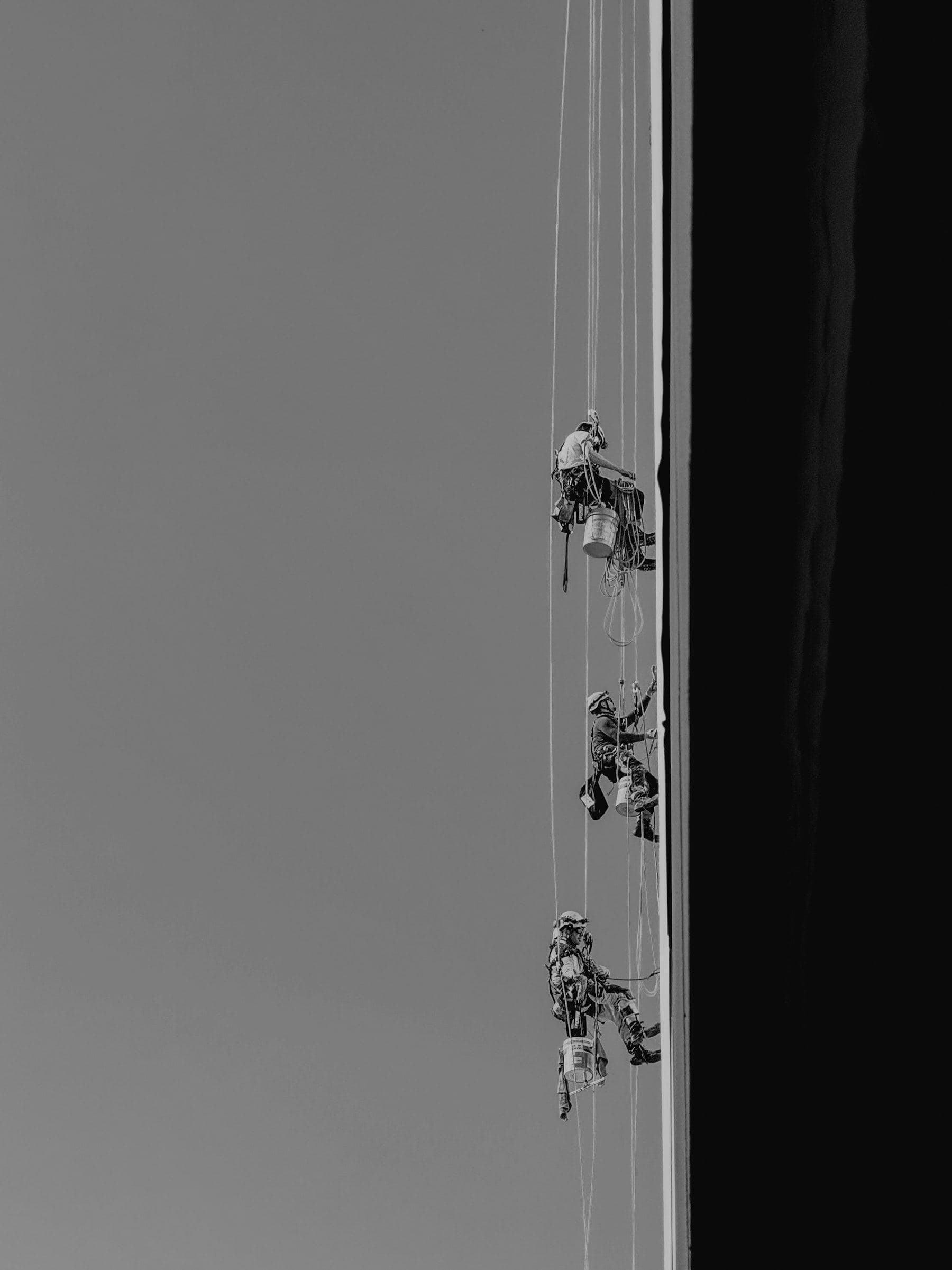 Rope-access technicians descending a high-rise facade